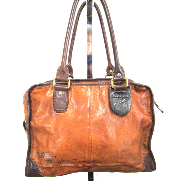 Tough Jeansmith I Think Therefor I Am Large Brown Leather Shoulder Satchel Purse - Picture 8 of 13